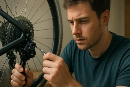 Muž opravuje kolieskový prevodový systém na bicykli.