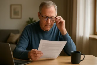 Starší muž nosí multifokálne okuliare a číta dokument