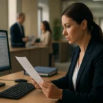 Žena analyzuje dokumenty v kancelárii verejnej správy.