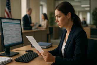 Žena analyzuje dokumenty v kancelárii verejnej správy.