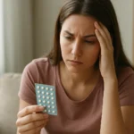 Žena s tabletou núdzovej antikoncepcie v obave po nechránenom styku.