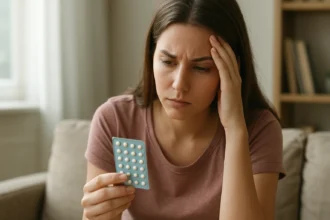 Žena s tabletou núdzovej antikoncepcie v obave po nechránenom styku.