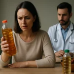 Žena skúma fľašu palmového oleja so znepokojením u lekára