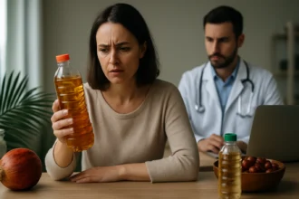 Žena skúma fľašu palmového oleja so znepokojením u lekára