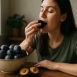 Žena vychutnáva slivky pri stole s miskou plnou ovocia.