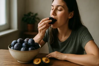 Žena vychutnáva slivky pri stole s miskou plnou ovocia.