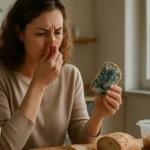 Žena s plesnivým chlebom, vyjadruje znechutenie nad zatuchnutou potravinou.