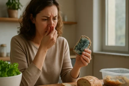 Žena s plesnivým chlebom, vyjadruje znechutenie nad zatuchnutou potravinou.