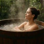 Žena relaxuje v horúcej kadi, užíva si wellness a obnovu.