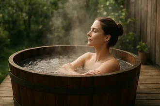 Žena relaxuje v horúcej kadi, užíva si wellness a obnovu.