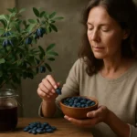 Žena ochutnáva čerstvé bobule sibírskeho zemolezu z misy.