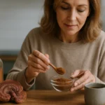 Žena pripravuje ganoderma prášok v kuchyni, zdravie a pohoda