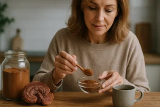 Žena pripravuje ganoderma prášok v kuchyni, zdravie a pohoda