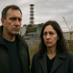 Dvojica ľudí pred Černobyľskou elektrárňou, s vážnymi výrazmi tváre.