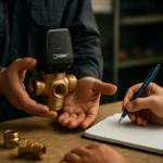 Trojcestný ventil ESBE s inštalačnými komponentmi a poznámkovým blokom.