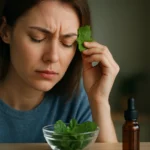 Žena s mentolom na čele, ktorý zmierňuje jej nepohodlie.