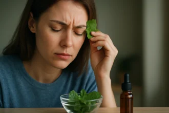 Žena s mentolom na čele, ktorý zmierňuje jej nepohodlie.