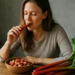 Žena si vychutnáva rebarboru na zdravú desiatu