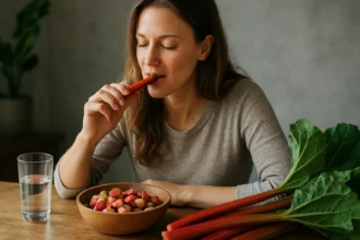 Žena si vychutnáva rebarboru na zdravú desiatu