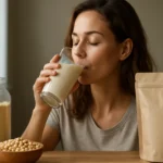 Žena pije sójové mlieko s proteínovým izolátom a sójou.