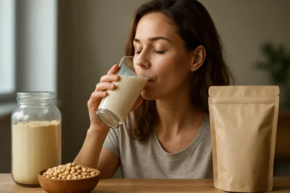 Žena pije sójové mlieko s proteínovým izolátom a sójou.