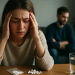 Žena zažívajúca ťažkosti po užití extázy s tabletami a pohárom vody.