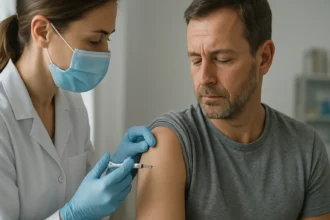 Veterinár dáva injekciu pacientovi pre liečbu infekcií.