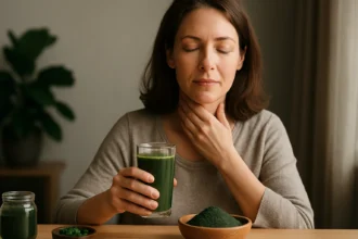 Žena užívajúca spirulínu na podporu zdravia štítnej žľazy