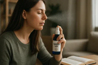 Žena používa Manuka Lab sprej na zlepšenie svojho zdravia