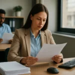 Žena v kancelárii číta dokumenty na kvalitnom kancelárskom papieri.