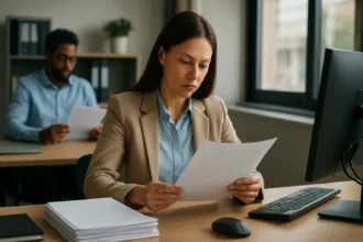 Žena v kancelárii číta dokumenty na kvalitnom kancelárskom papieri.