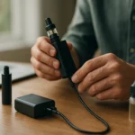 Osoba nabíjajúca elektronickú cigaretu s nabíjačkou na stole.