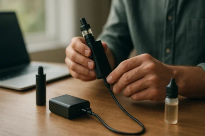 Osoba nabíjajúca elektronickú cigaretu s nabíjačkou na stole.