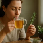Žena vonia rozmarínový čaj a drží bylinku v ruke