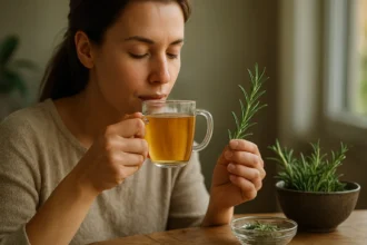 Žena vonia rozmarínový čaj a drží bylinku v ruke
