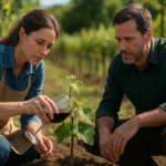 Žena a muž skúmajú vplyv vína na rastliny v záhrade.