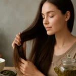 Žena si hladí vlasy pri šálke zeleného čaju na stole