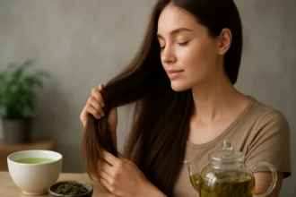 Žena si hladí vlasy pri šálke zeleného čaju na stole