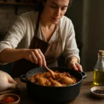 Žena pripravuje chutný kohútí perkelt v hrnci s čerstvými ingredienciami.