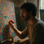 Umělec maľuje psychedelické obrazy pod vplyvom LSD.