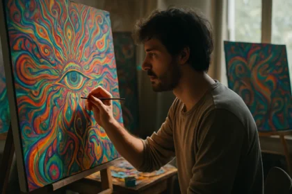 Umělec maľuje psychedelické obrazy pod vplyvom LSD.