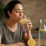 Žena pije citrónovú vodu s plátkami citrónu
