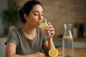 Žena pije citrónovú vodu s plátkami citrónu