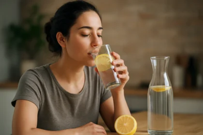 Žena pije citrónovú vodu s plátkami citrónu