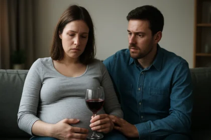 Tehotná žena so sklom vína, vážne diskutuje so svojím partnerom.