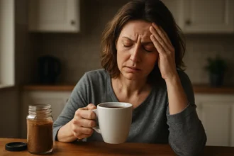 Žena s instantnou kávou, znepokojená zdravotnými problémami.