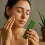 Žena používa aloe vera na starostlivosť o pleť pre žiarivú pokožku.