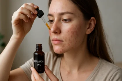 Žena aplikuje manukový olej na pleť s akné.