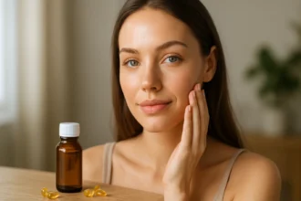 Žena s krásnou pleťou a produkty obsahujúcimi vitamín B1.