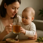 Matka s bábätkom a šálkou bylinného čaju Mecsek Baby.